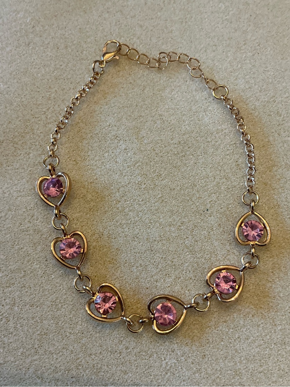Gold-Tone Pink Heart Crystal Bracelet, adjustable 9 1/2”